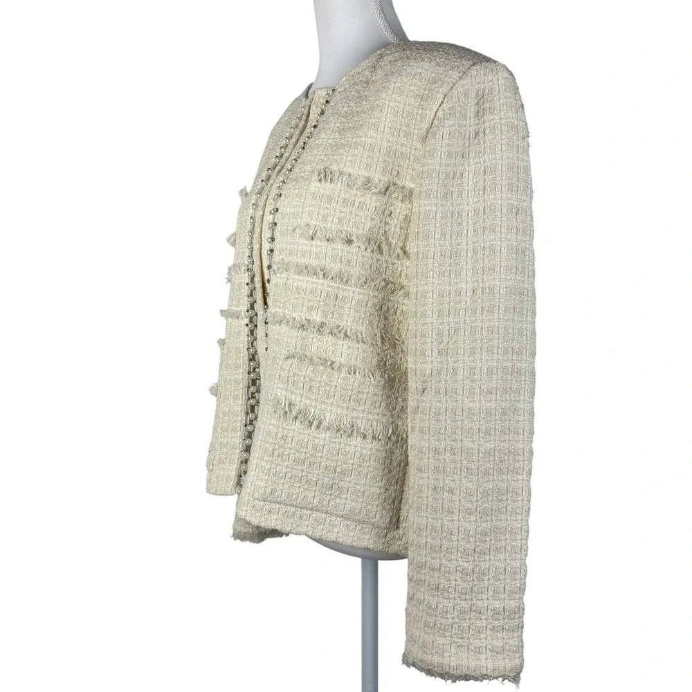 St John Tweed Knit Blazer Jacket Womens 14 Ecru‎ Ivory Fringe Beaded Luxury NWT